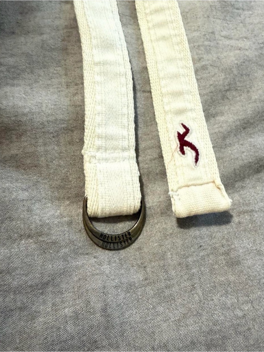 Vintage Hollister Women's Cream Canvas Ring Belt with Embroidered Logo